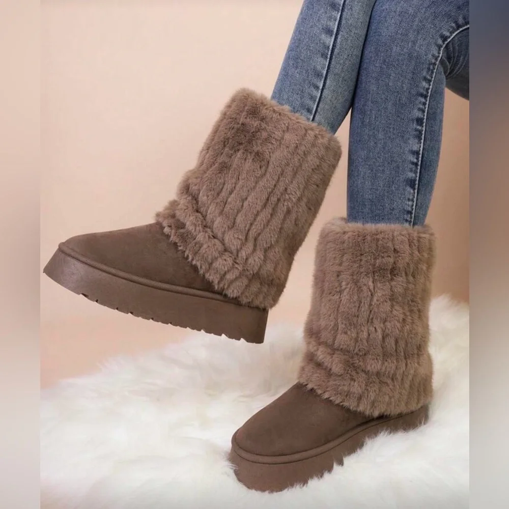 Women's Faux Fur Mid-Calf Winter Boots - Taupe. Size 40